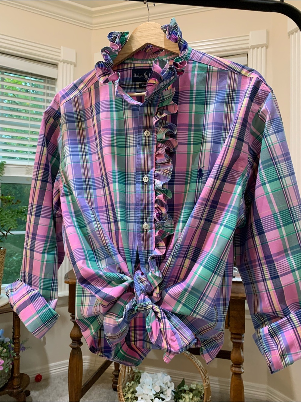 Ralph Lauren Pink & Green Plaid Up-cycled Ruffled Button-Front Shirt